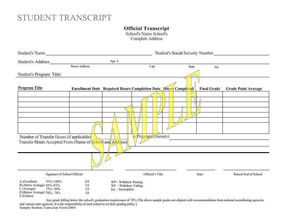 Student Transcript Form - Sample - New Jersey, Page 1