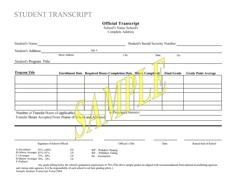 Student Transcript Form - Sample - New Jersey