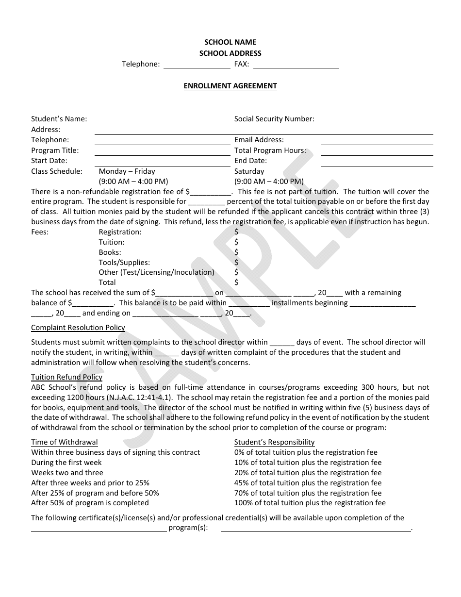 Enrollment Agreement - Sample - New Jersey, Page 1