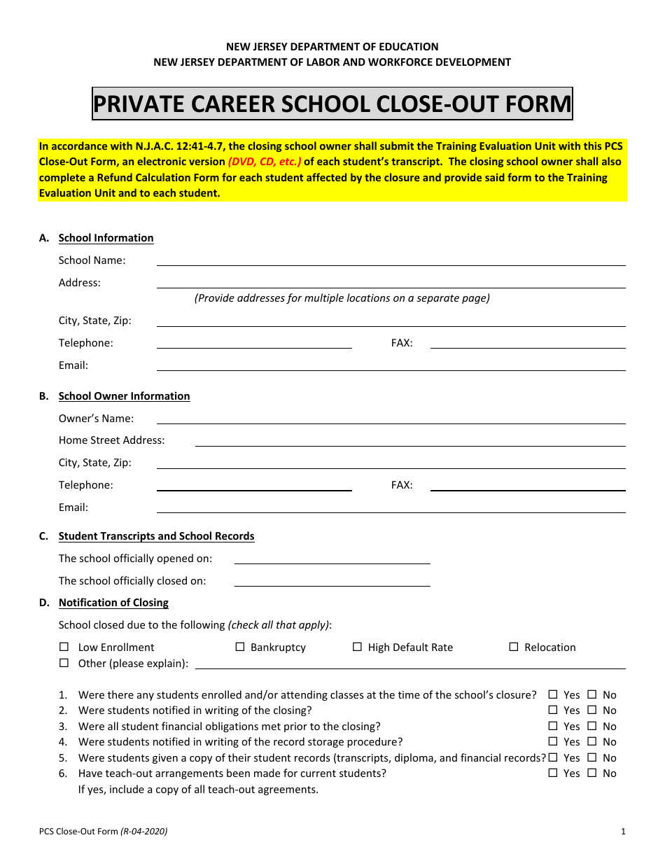 Private Career School Close-out Form - New Jersey, Page 1