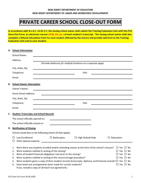 Private Career School Close-out Form - New Jersey Download Pdf