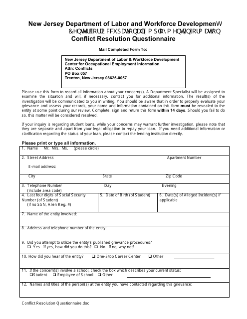 Conflict Resolution Questionnaire - New Jersey Download Pdf