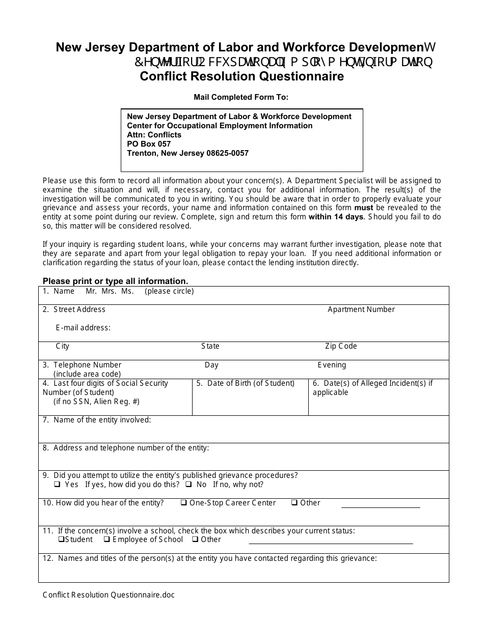 Conflict Resolution Questionnaire - New Jersey, Page 1