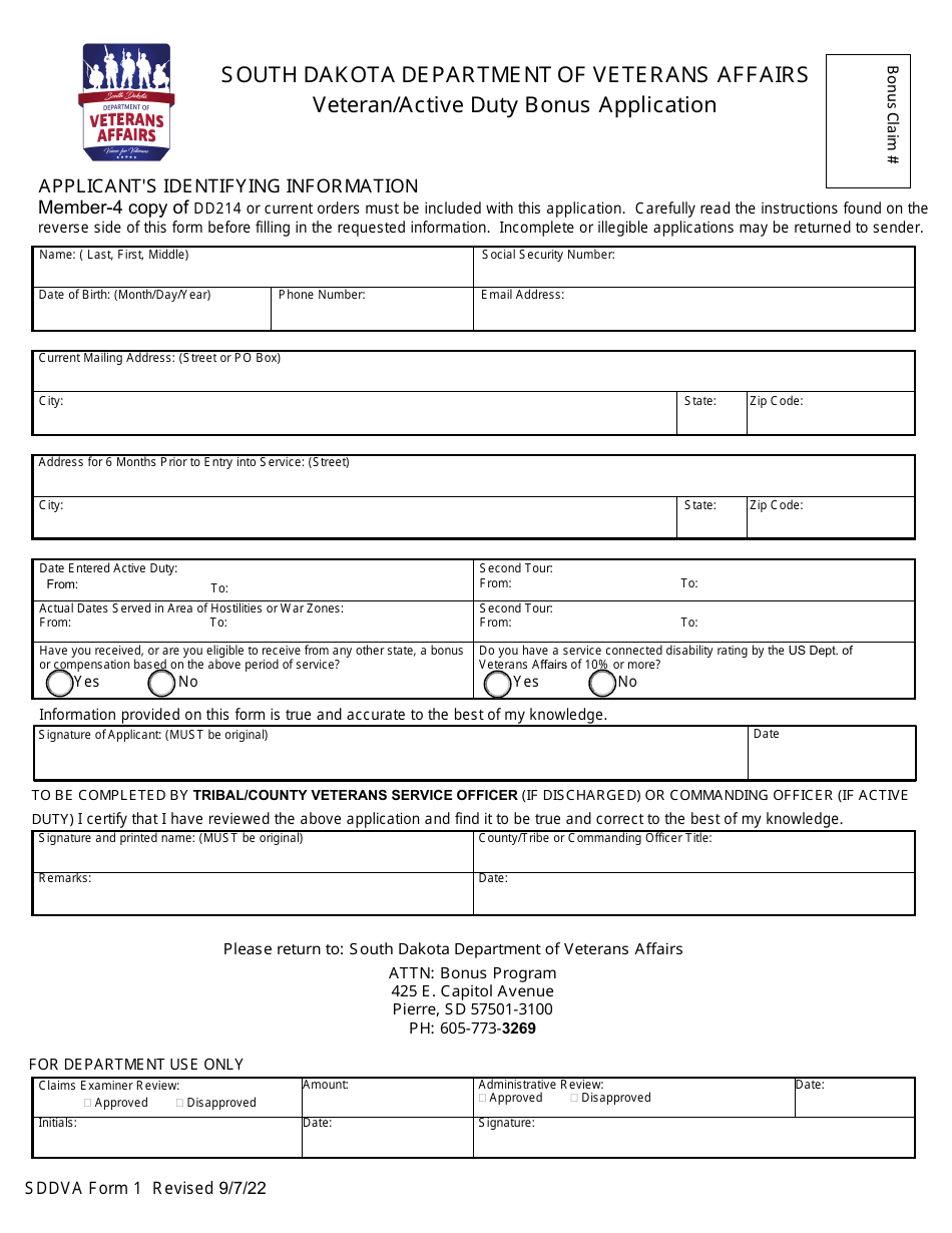 SDDVA Form 1 Veteran / Active Duty Bonus Application - South Dakota, Page 1