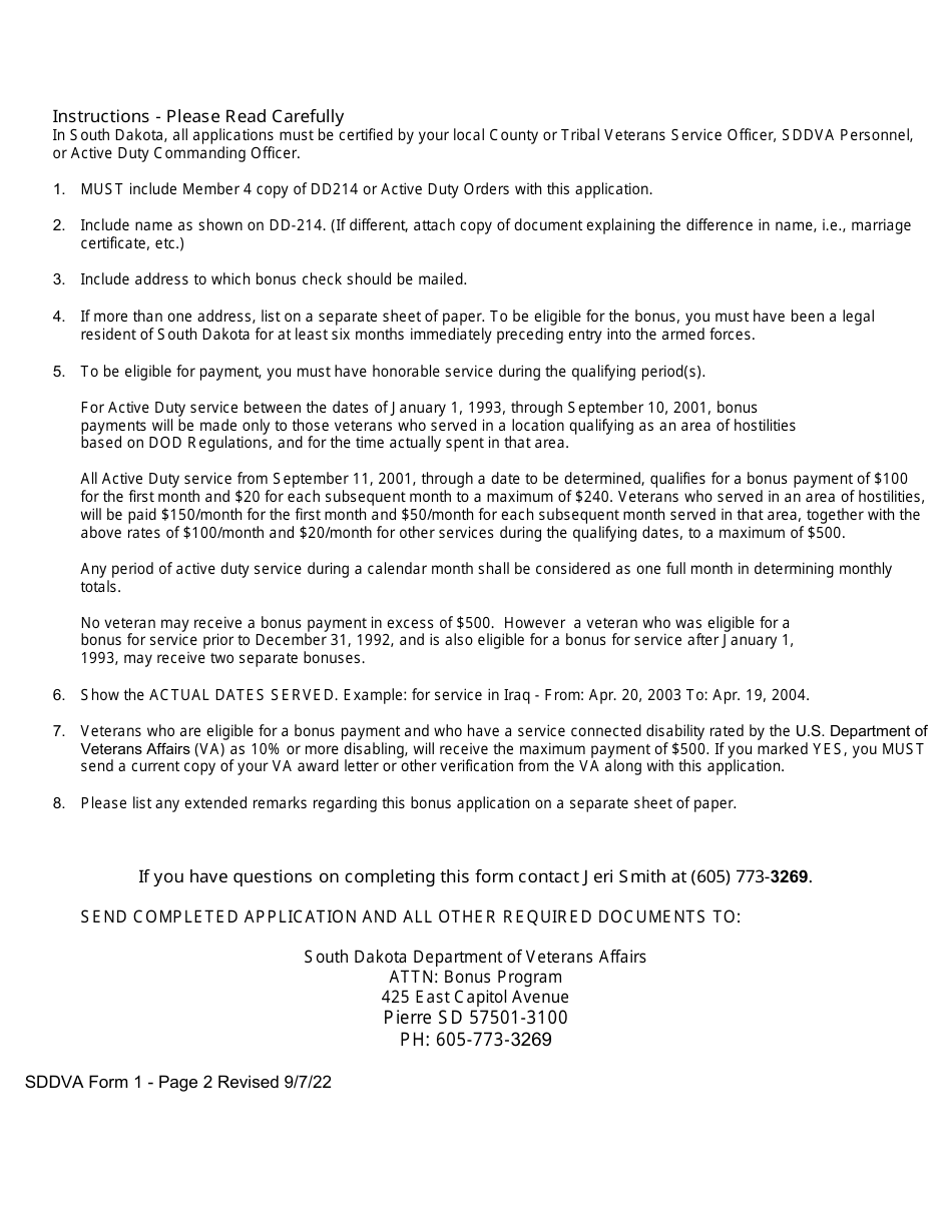 SDDVA Form 1 Veteran / Active Duty Bonus Application - South Dakota, Page 2