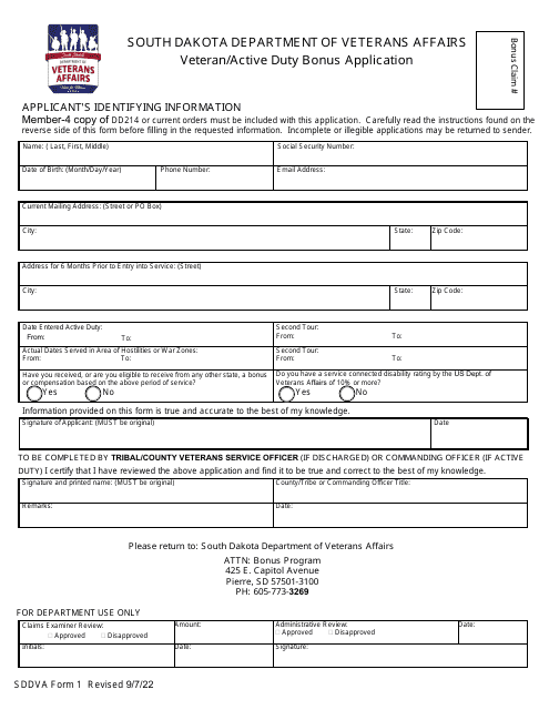 SDDVA Form 1 Veteran/Active Duty Bonus Application - South Dakota