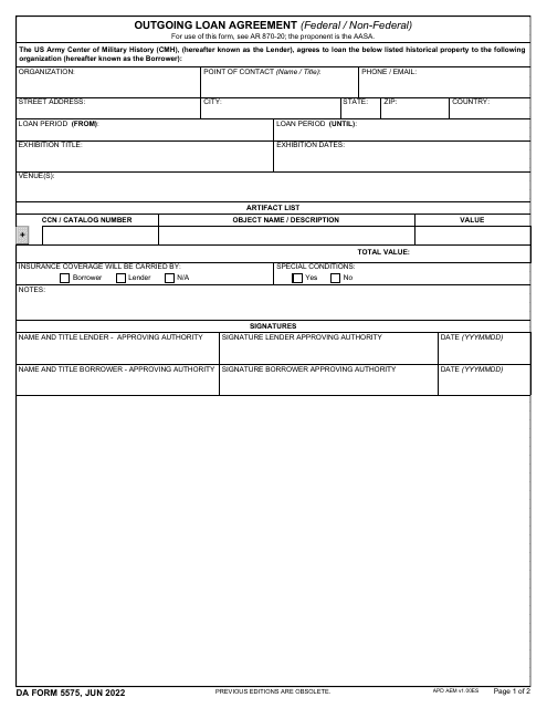 DA Form 5575 Outgoing Loan Agreement (Federal/Non-federal)