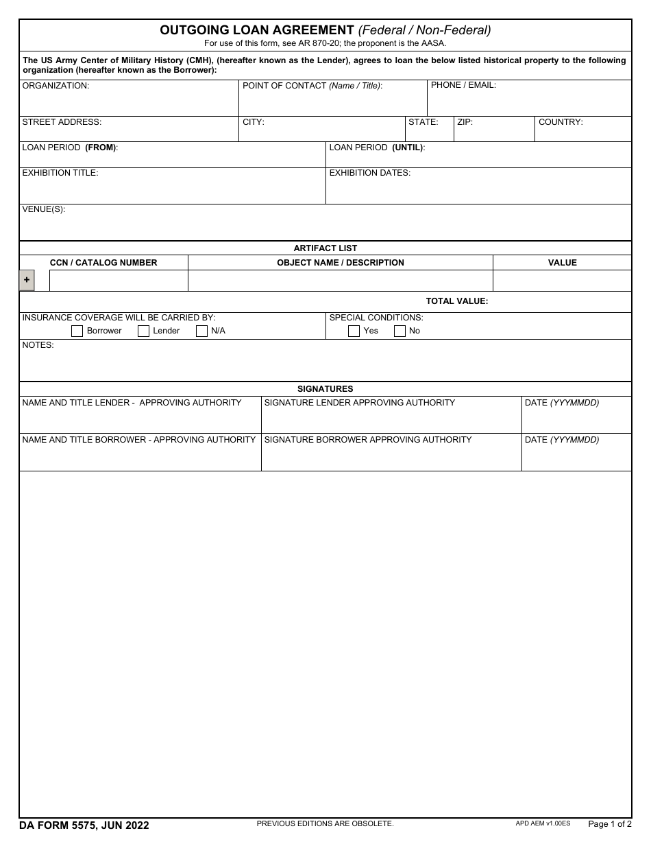 DA Form 5575 Outgoing Loan Agreement (Federal / Non-federal), Page 1