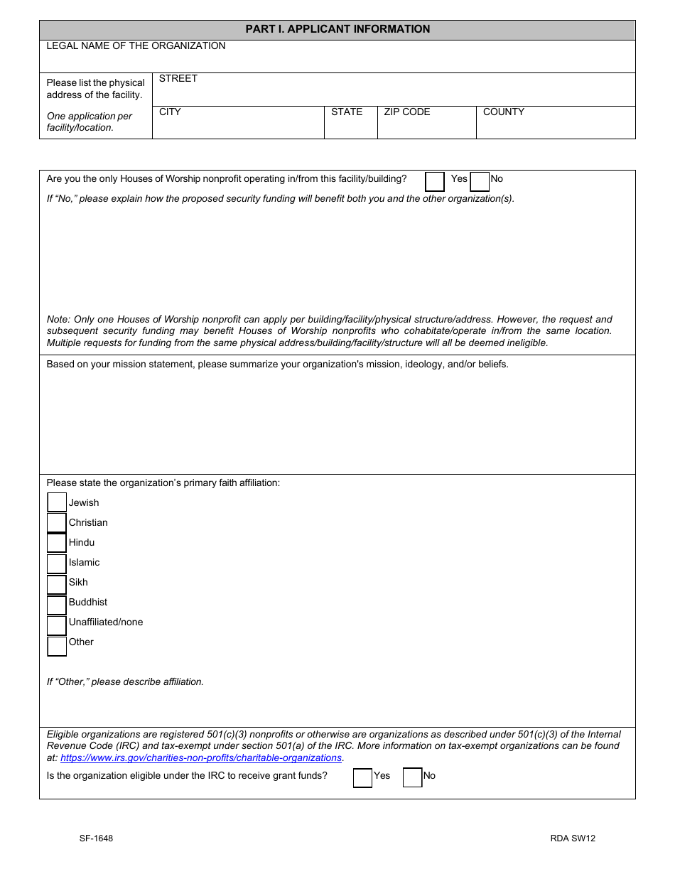 Form SF1648 Download Fillable PDF or Fill Online Houses of Worship