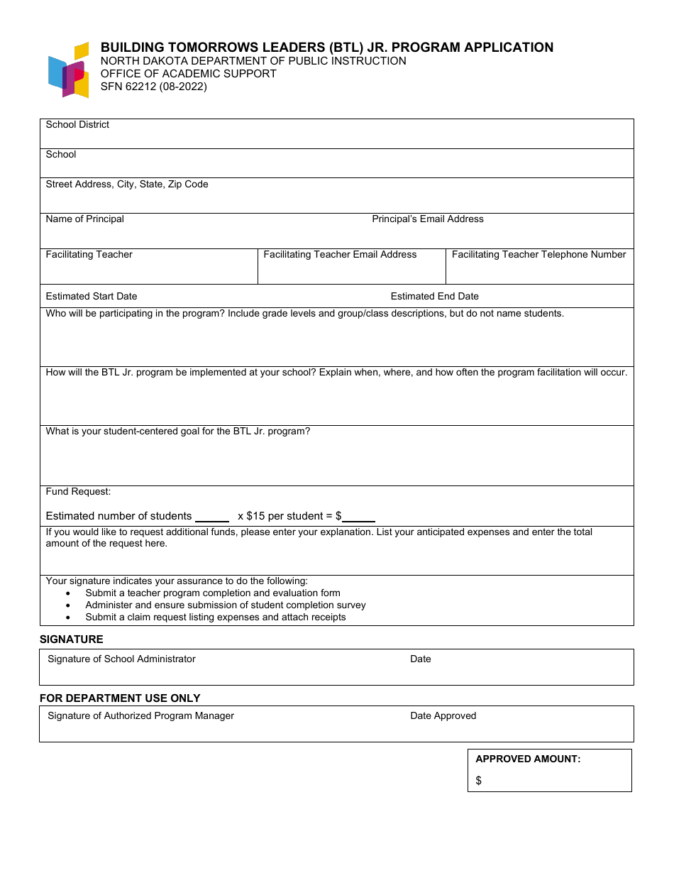 Form SFN62212 Building Tomorrows Leaders (Btl) Jr. Program Application - North Dakota, Page 1