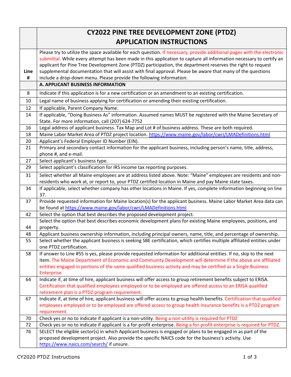 Instructions for Business Certification Application - Pine Tree Development Zone (Ptdz) Program - Maine, Page 1