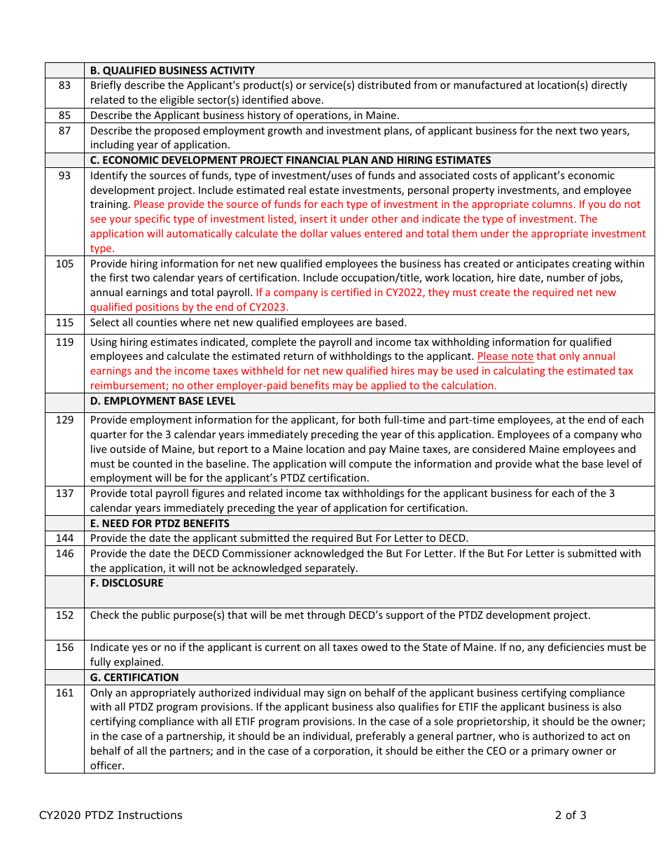 Instructions for Business Certification Application - Pine Tree Development Zone (Ptdz) Program - Maine, Page 2