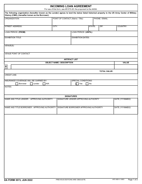 DA Form 5573 Incoming Loan Agreement