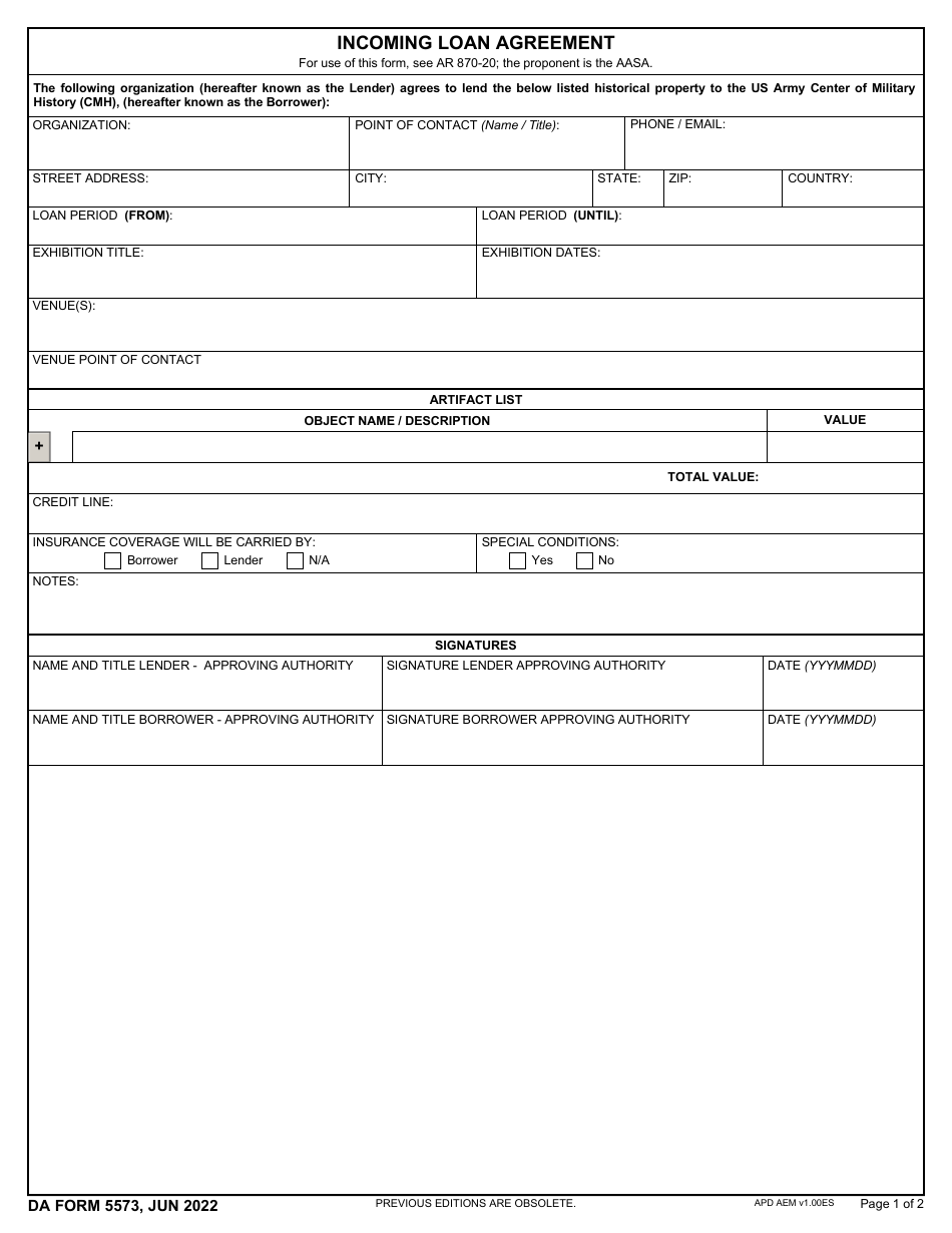 DA Form 5573 Incoming Loan Agreement, Page 1