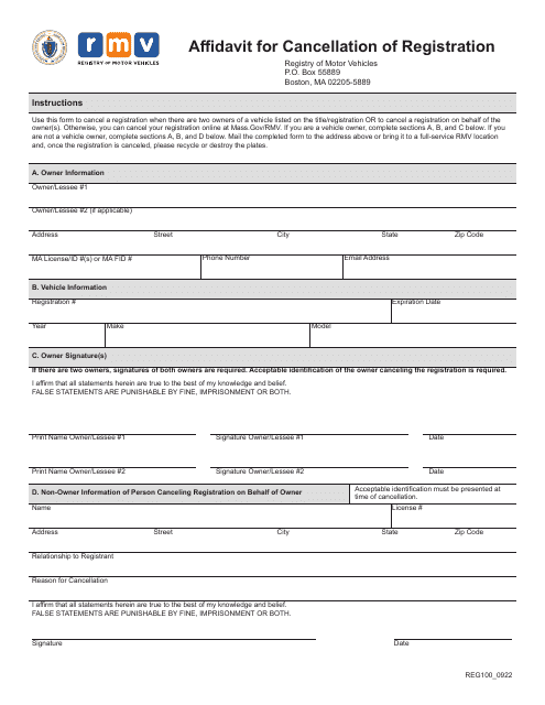 Form REG100 Affidavit for Cancellation of Registration - Massachusetts