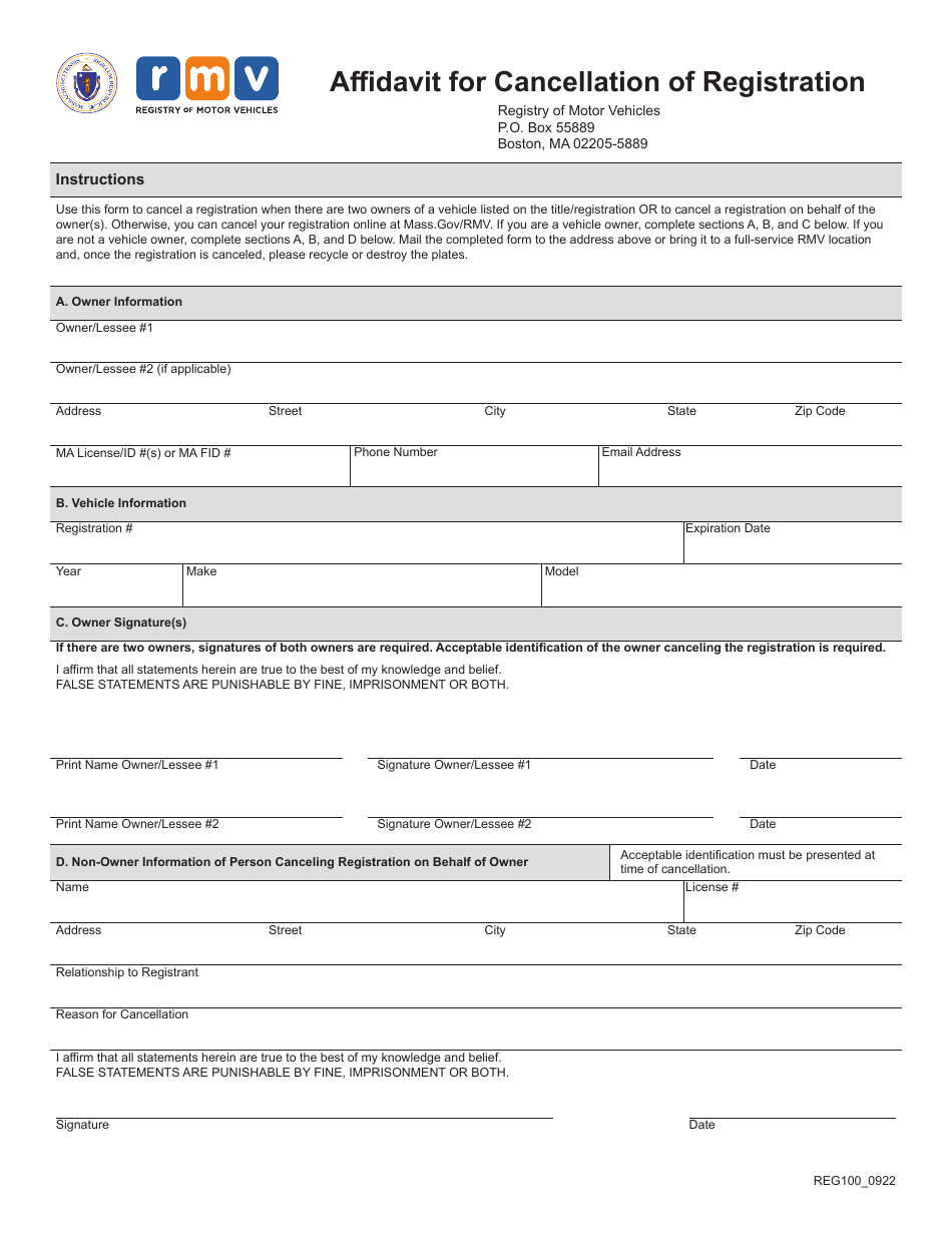 Form REG100 Affidavit for Cancellation of Registration - Massachusetts, Page 1