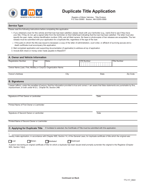 Form TTL117 Duplicate Title Application - Massachusetts