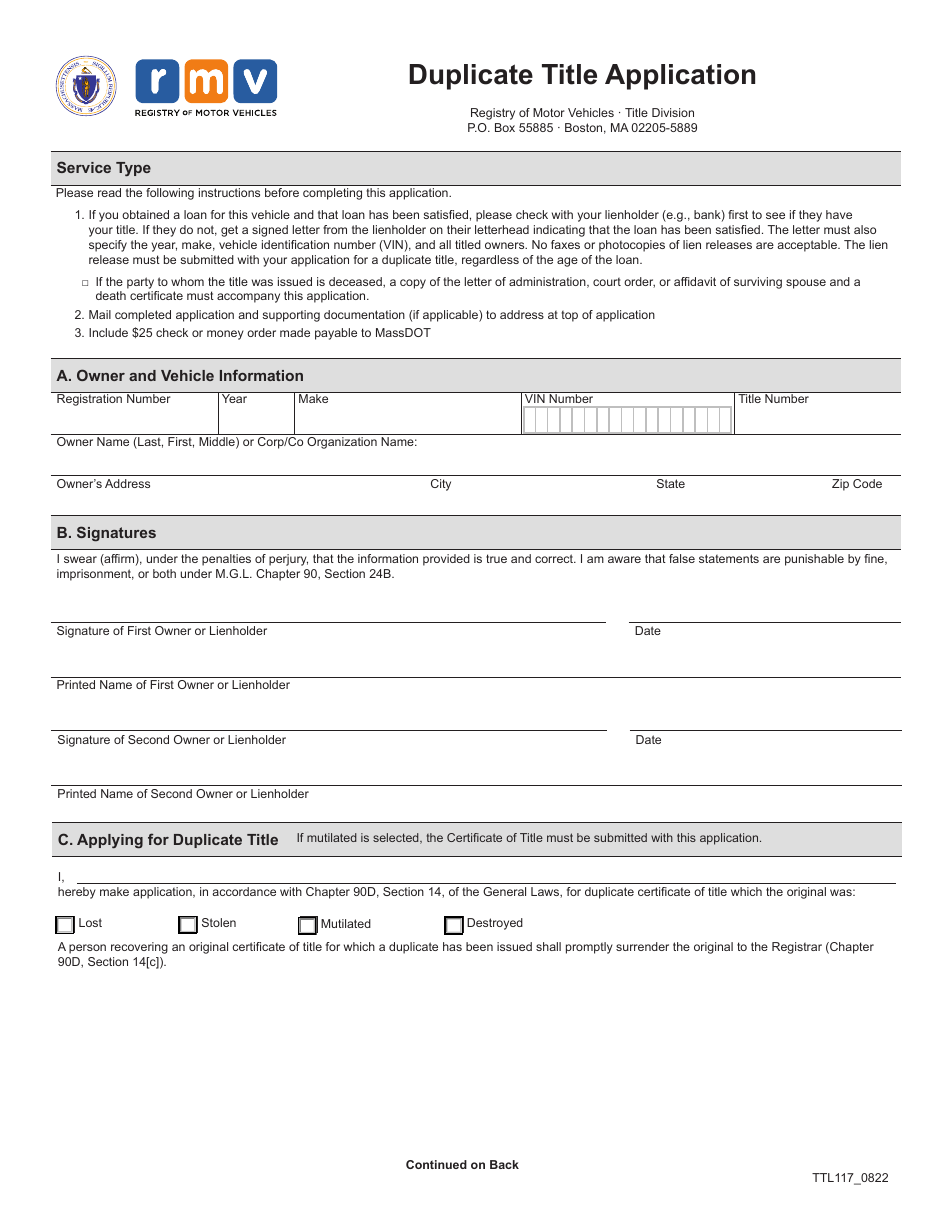 Form TTL117 Duplicate Title Application - Massachusetts, Page 1