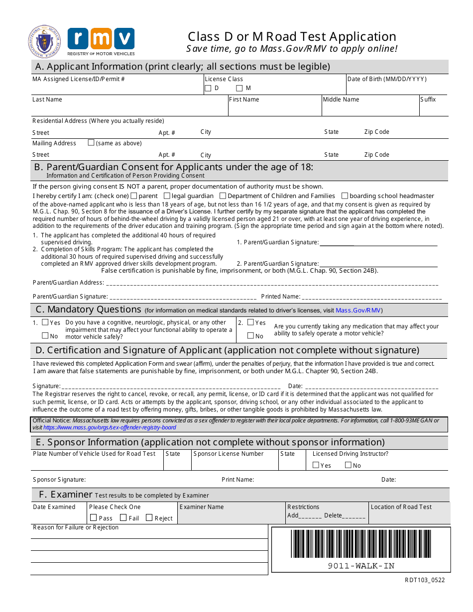 Form RDT103 Class D or M Road Test Application - Massachusetts, Page 1