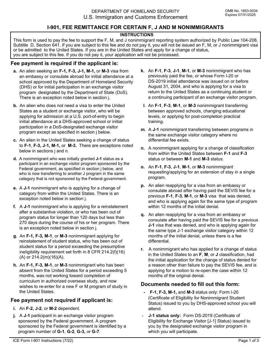 ICE Form I-901 Fee Remittance for Certain F, J and M Nonimmigrants, Page 1