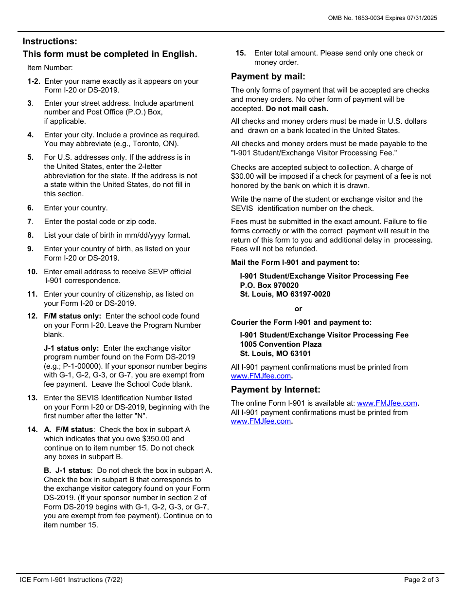 ICE Form I-901 Fee Remittance for Certain F, J and M Nonimmigrants, Page 2