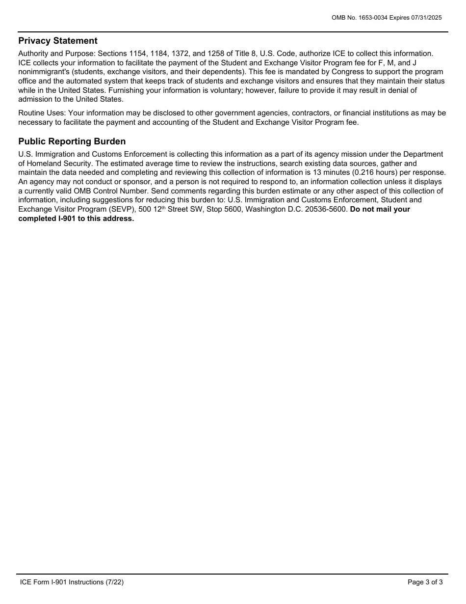 ICE Form I-901 Fee Remittance for Certain F, J and M Nonimmigrants, Page 3