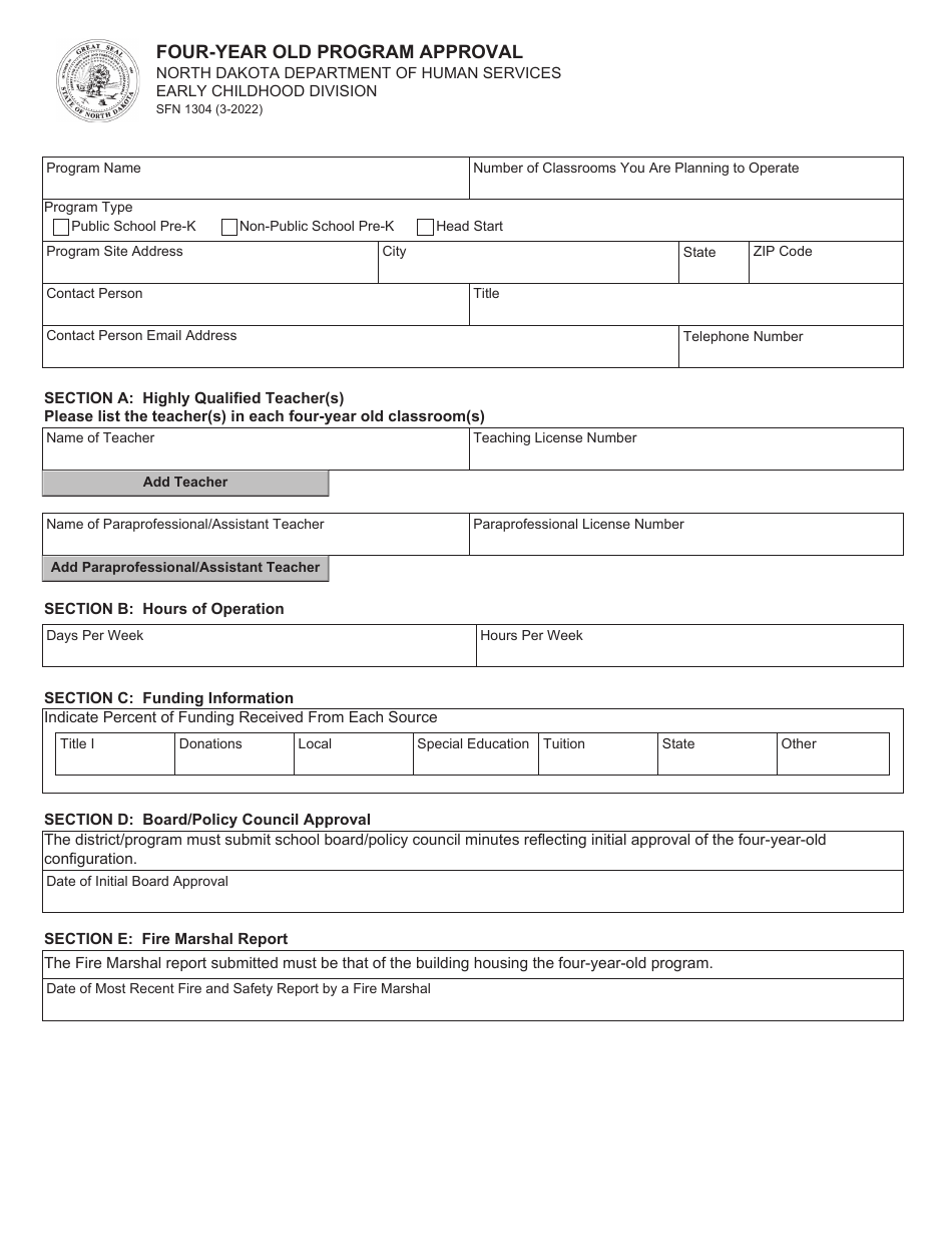 Form SFN1304 Four-Year Old Program Approval - North Dakota, Page 1