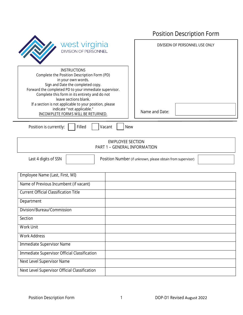 Form DOP-D1 - Fill Out, Sign Online and Download Fillable PDF, West ...