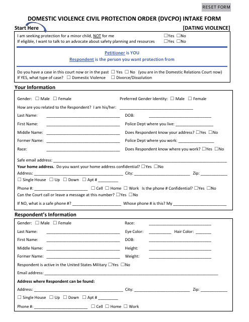 Domestic Violence Civil Protection Order (Dvcpo) Intake Form - Dating Violence - Cuyahoga County, Ohio Download Pdf