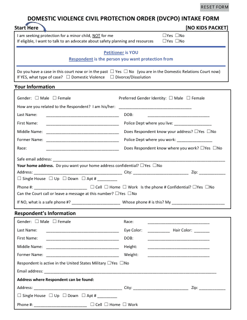Domestic Violence Civil Protection Order (Dvcpo) Intake Form - No Kids Packet - Cuyahoga County, Ohio Download Pdf