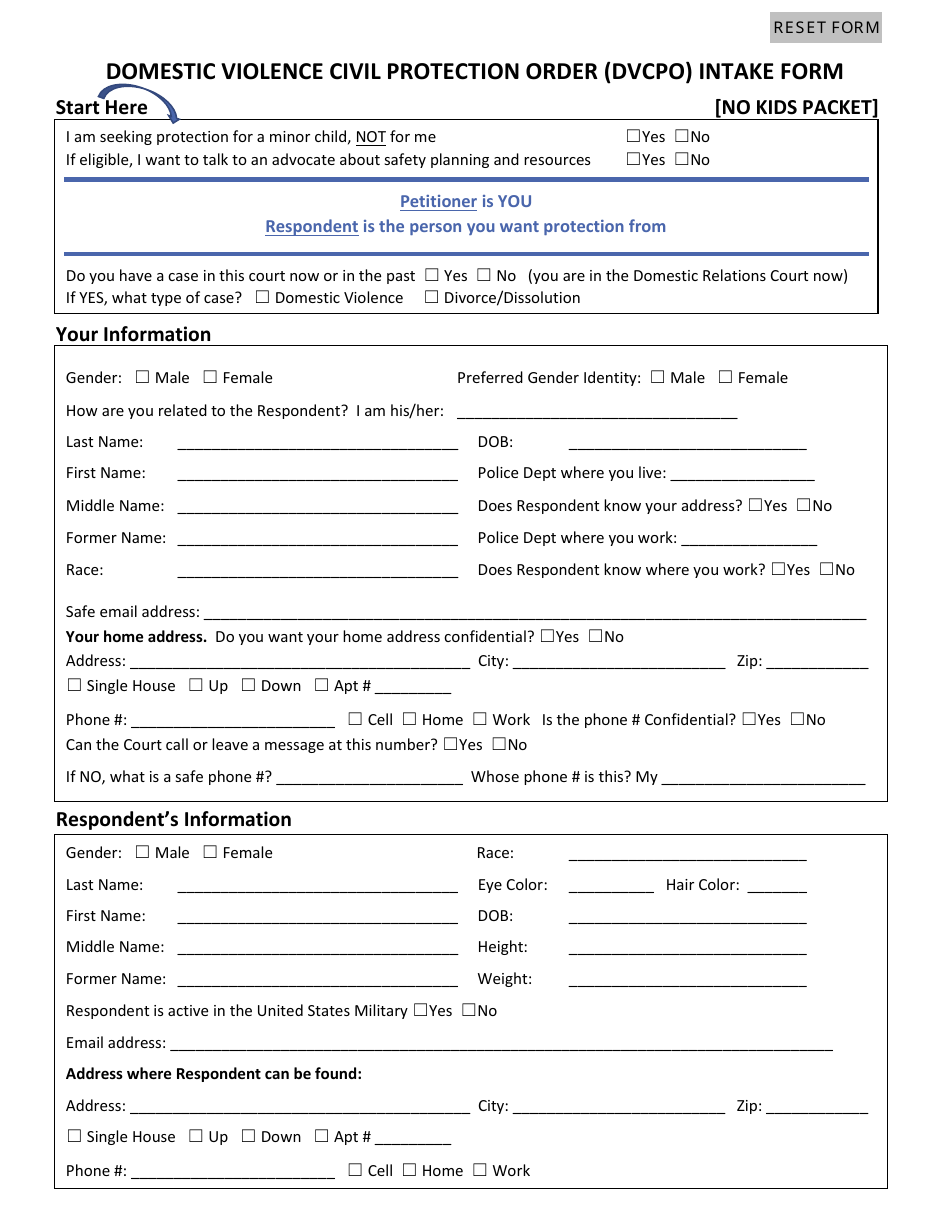 Domestic Violence Civil Protection Order (Dvcpo) Intake Form - No Kids Packet - Cuyahoga County, Ohio, Page 1