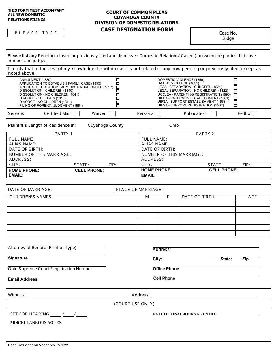 Case Designation Form - Cuyahoga County, Ohio, Page 1
