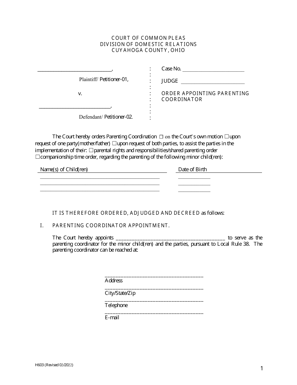 Form H603 Order Appointing Parenting Coordinator - Cuyahoga County, Ohio, Page 1