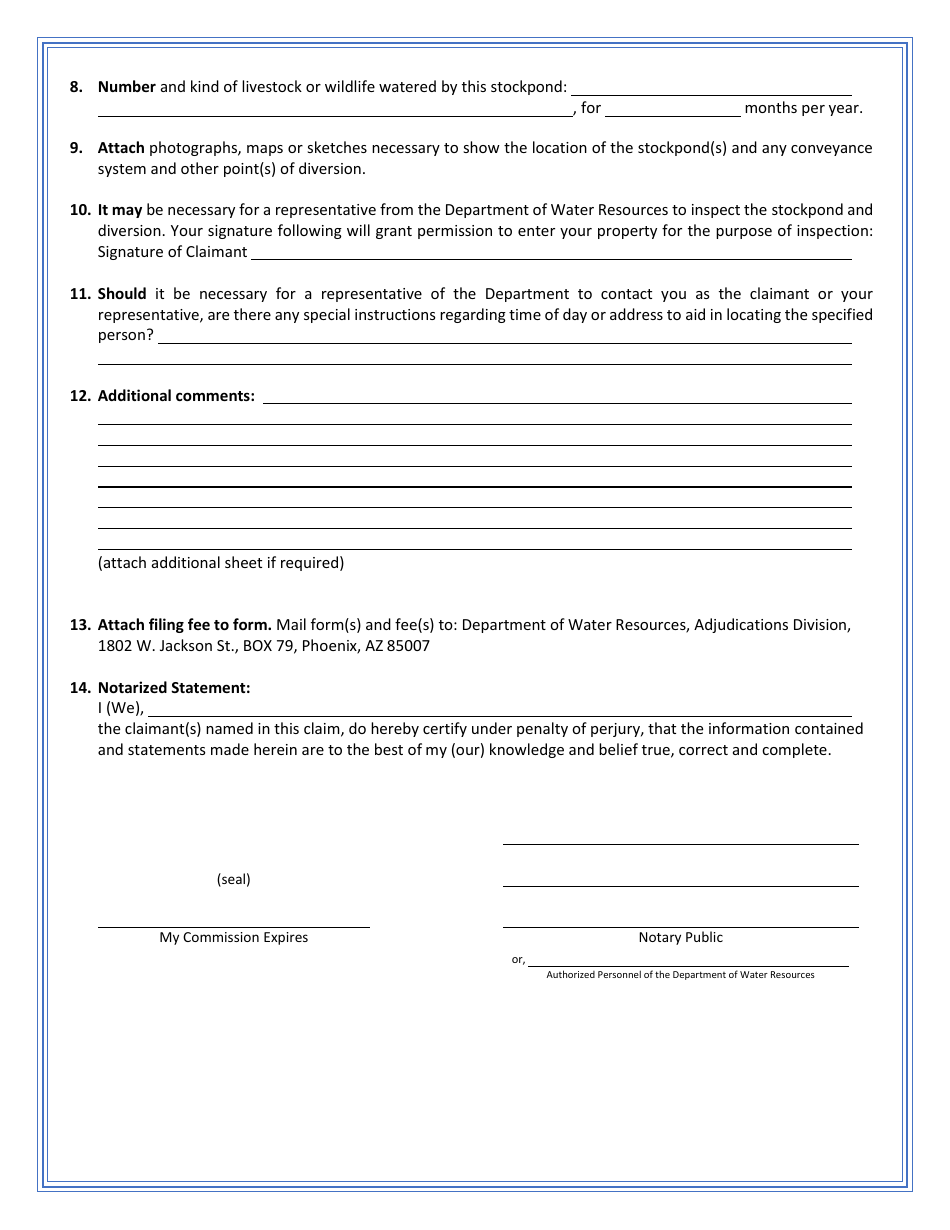 Statement of Claimant Form for Stockpond Use - San Pedro River Watershed - Arizona, Page 2
