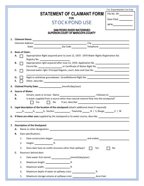 Statement of Claimant Form for Stockpond Use - San Pedro River Watershed - Arizona Download Pdf