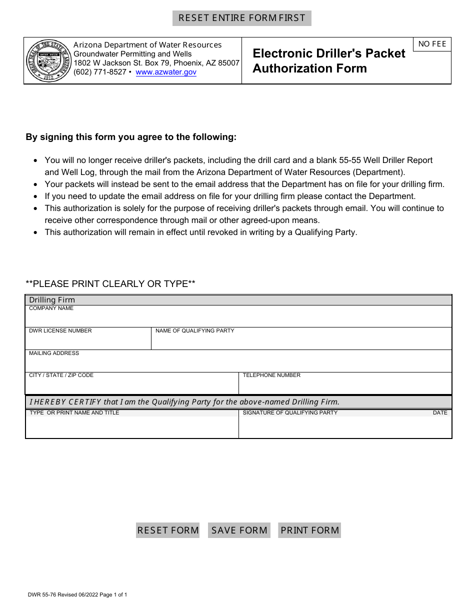 Form DWR55-76 Electronic Drillers Packet Authorization Form - Arizona, Page 1