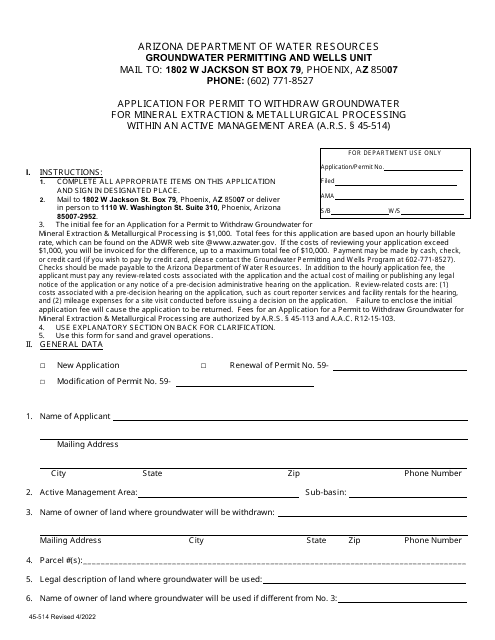 Form 45-514 Application for Permit to Withdraw Groundwater for Mineral Extraction & Metallurgical Processing Within an Active Management Area - Arizona