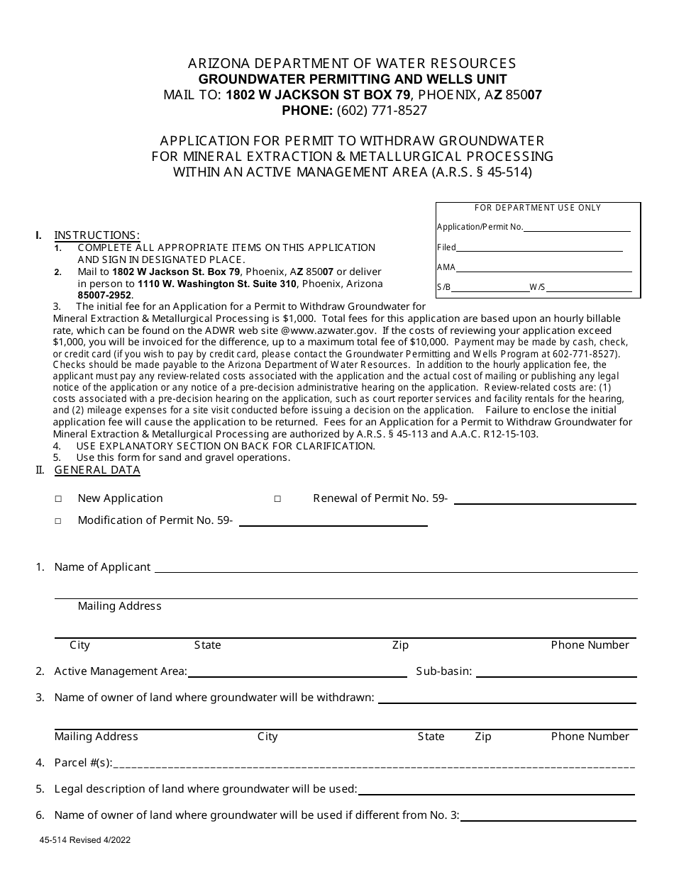 Form 45-514 Application for Permit to Withdraw Groundwater for Mineral Extraction  Metallurgical Processing Within an Active Management Area - Arizona, Page 1