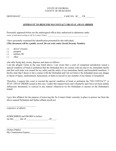 Affidavit to Rescind No Contact or Stay Away Order - Country of Muscogee, Georgia (United States) Download Pdf