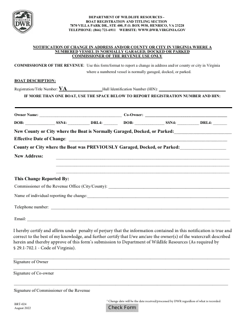 Form BRT-024 Notification of Change in Address and/or County or City in Virginia Where a Numbered Vessel Is Normally Garaged, Docked or Parked - Commissioner of the Revenue Use Only - Virginia