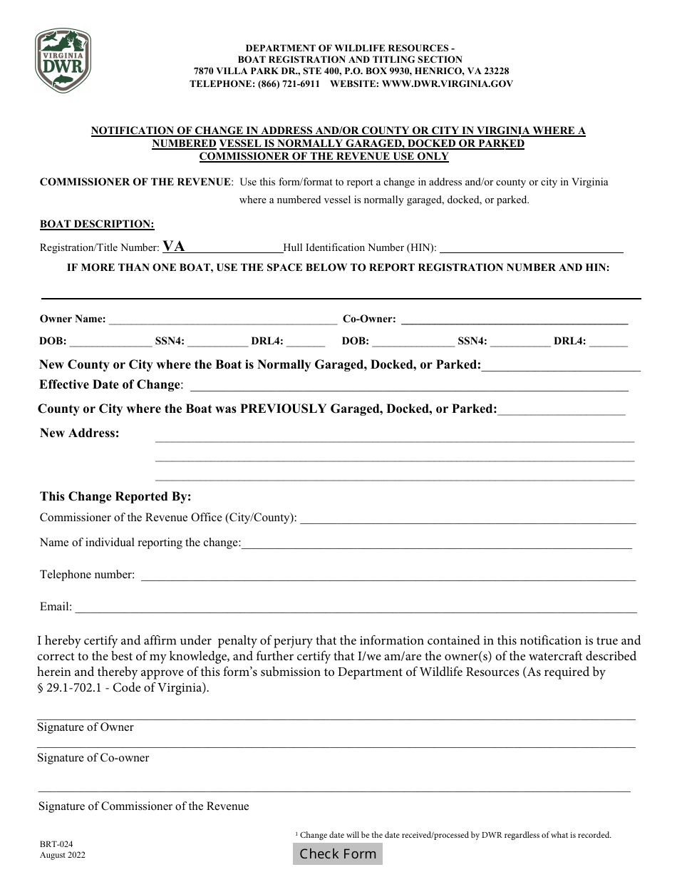 Form BRT-024 Notification of Change in Address and / or County or City in Virginia Where a Numbered Vessel Is Normally Garaged, Docked or Parked - Commissioner of the Revenue Use Only - Virginia, Page 1