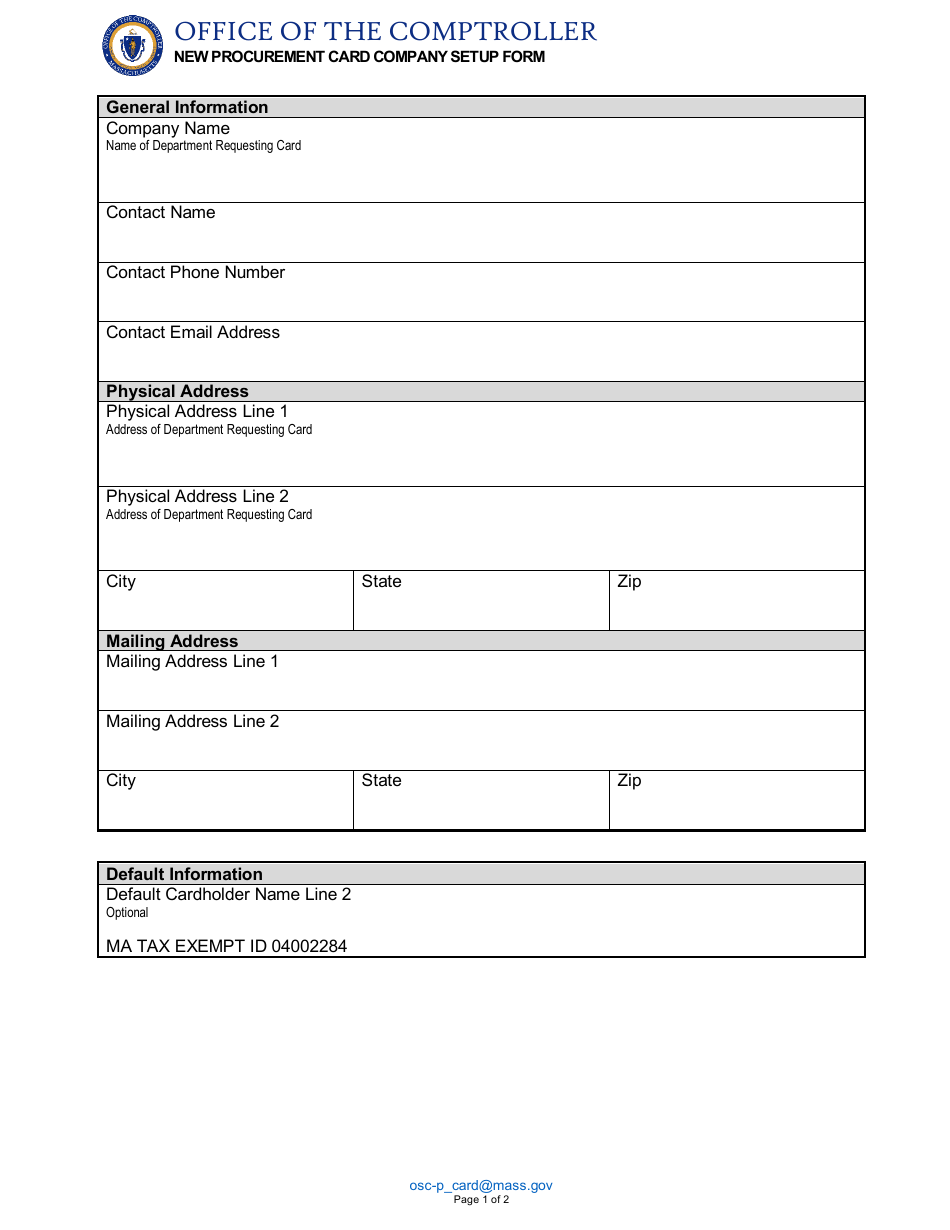 New Procurement Card Company Setup Form - Massachusetts, Page 1