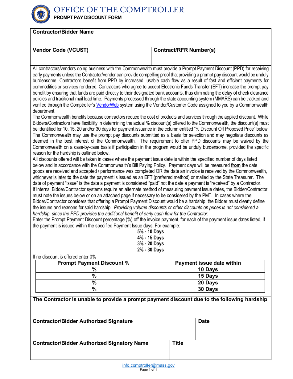 Massachusetts Prompt Pay Discount Form - Fill Out, Sign Online and ...