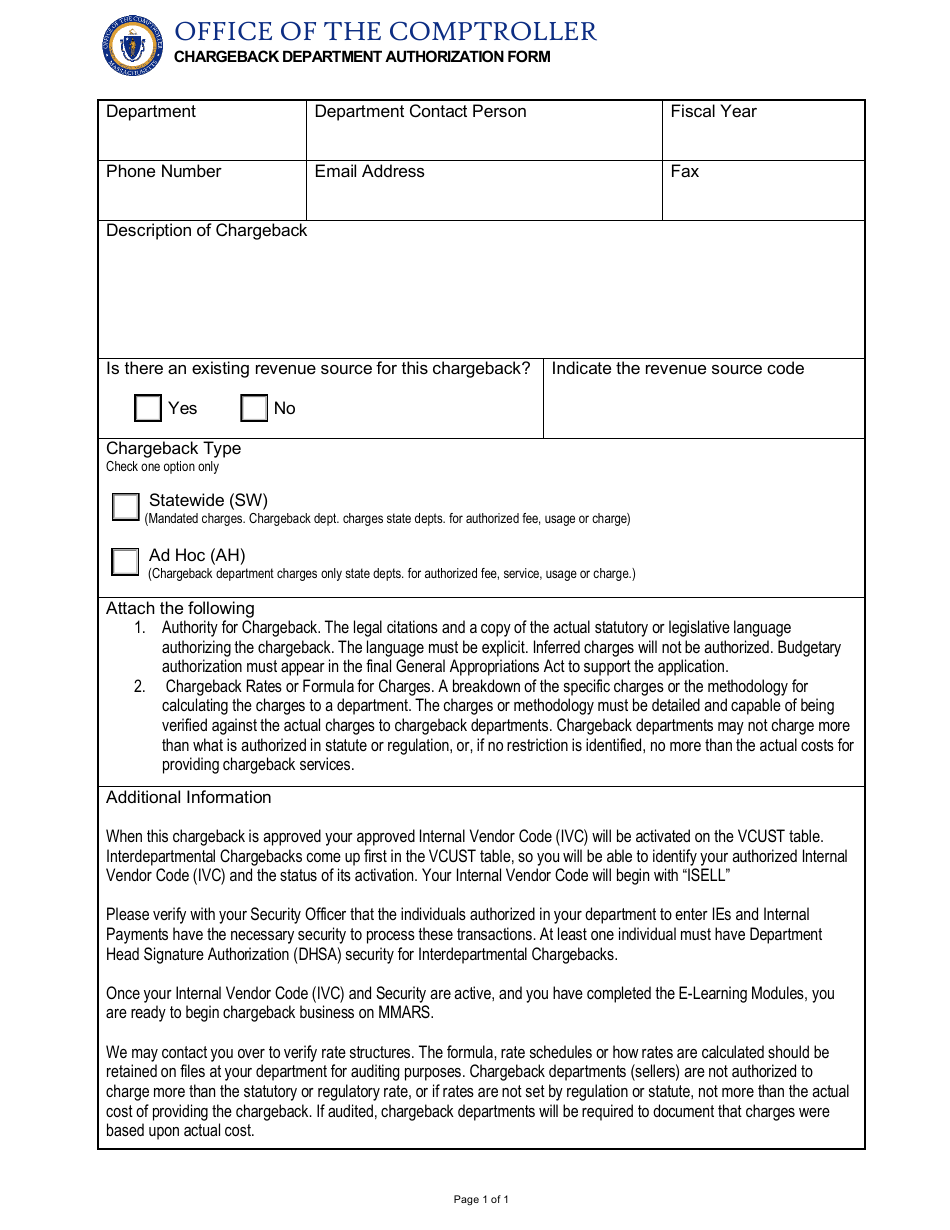 Chargeback Department Authorization Form - Massachusetts, Page 1