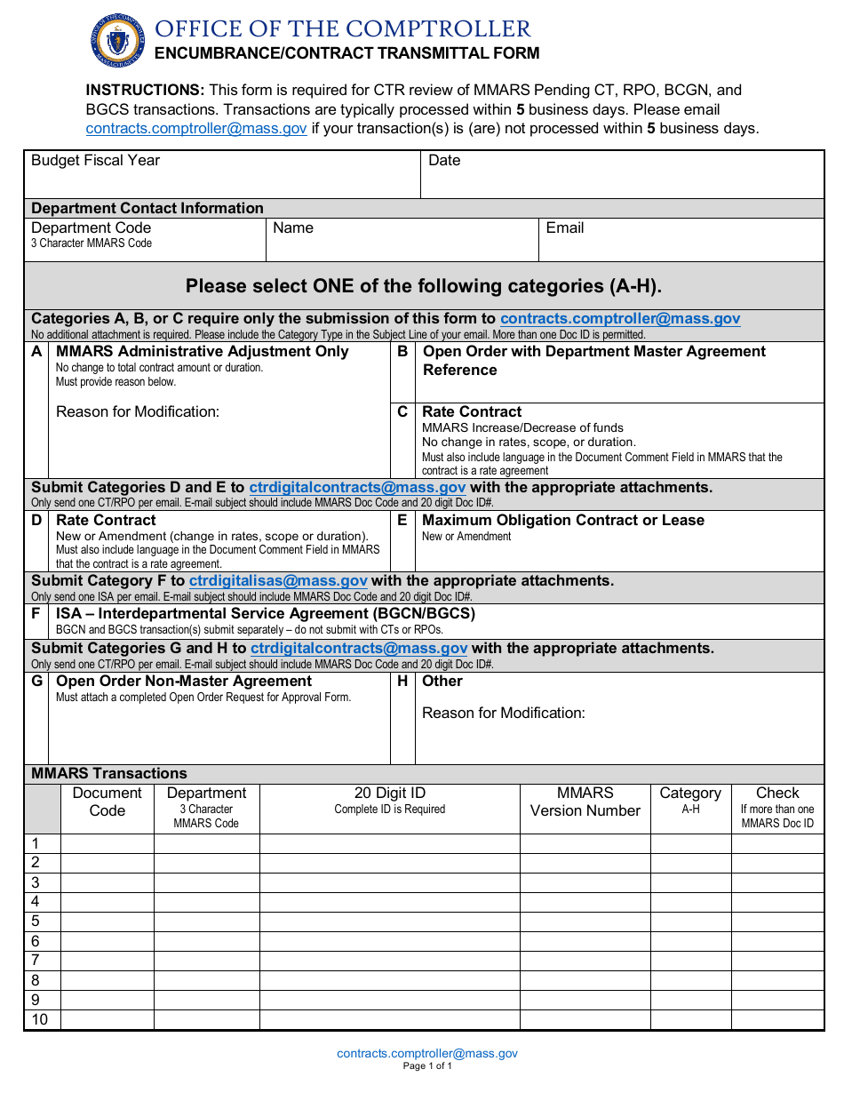 Encumbrance / Contract Transmittal Form - Massachusetts, Page 1