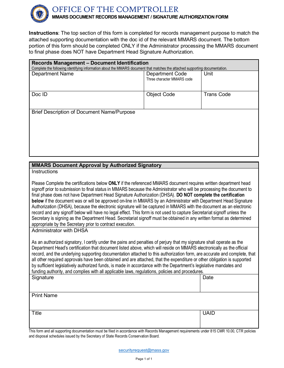 Mmars Document Records Management / Signature Authorization Form - Massachusetts, Page 1