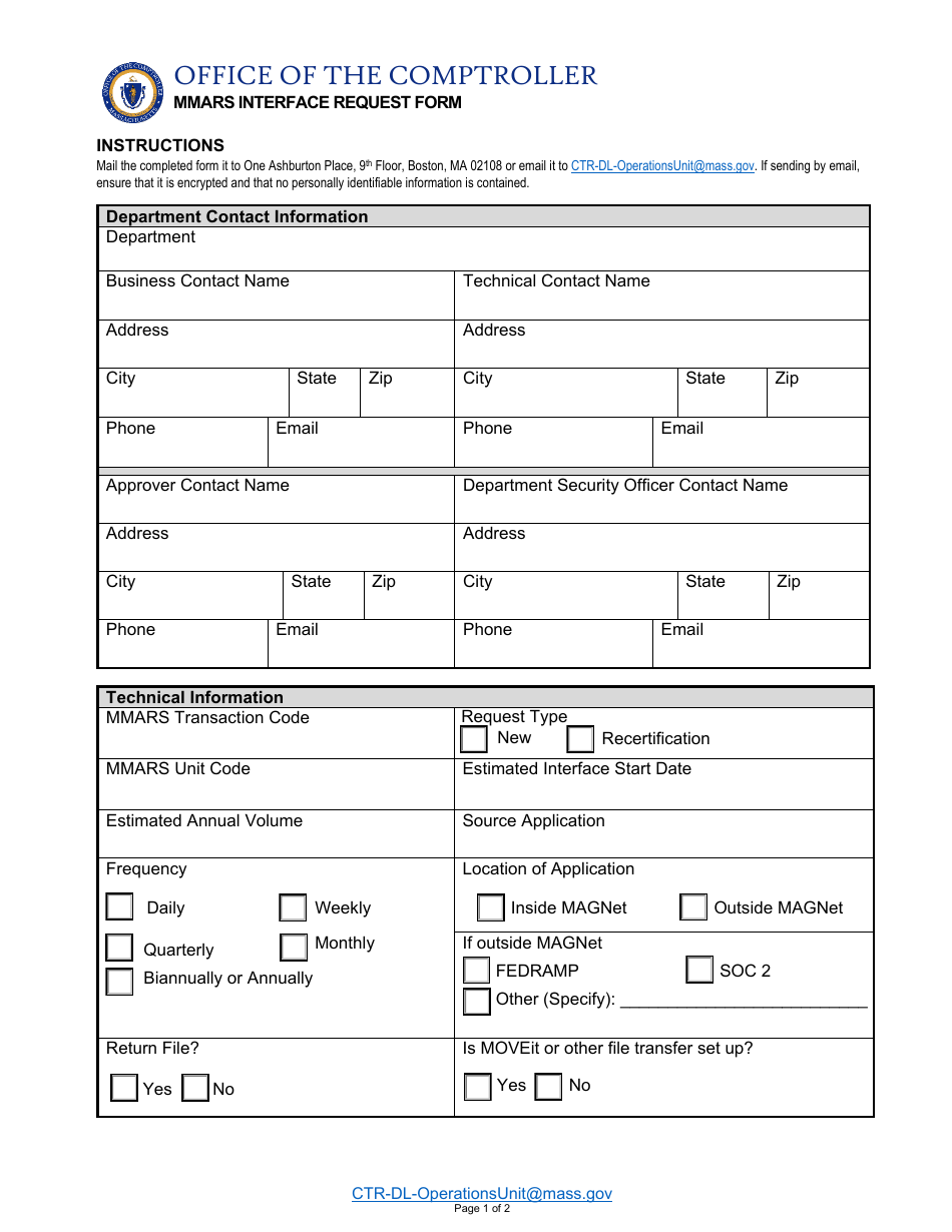 Mmars Interface Request Form - Massachusetts, Page 1