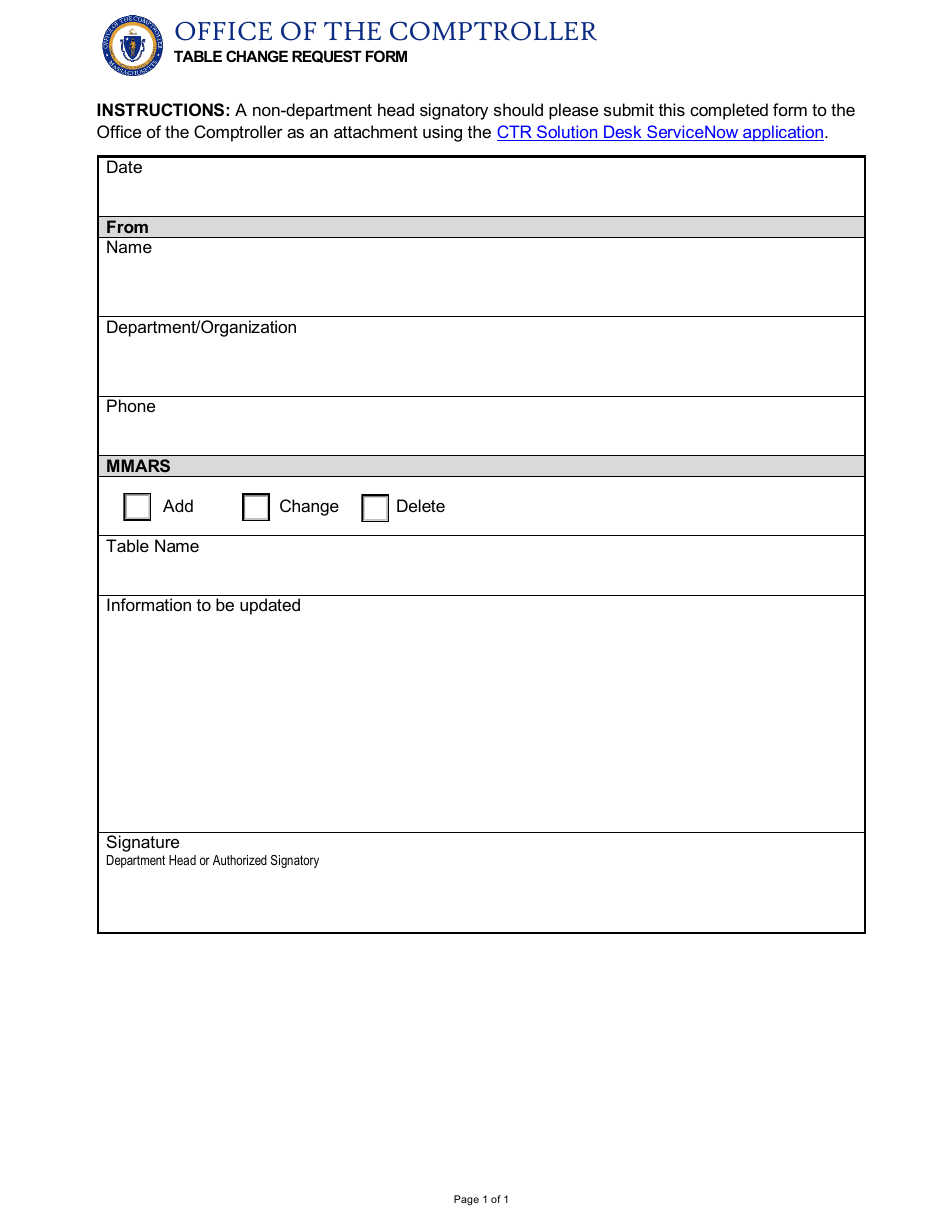 Table Change Request Form - Massachusetts, Page 1