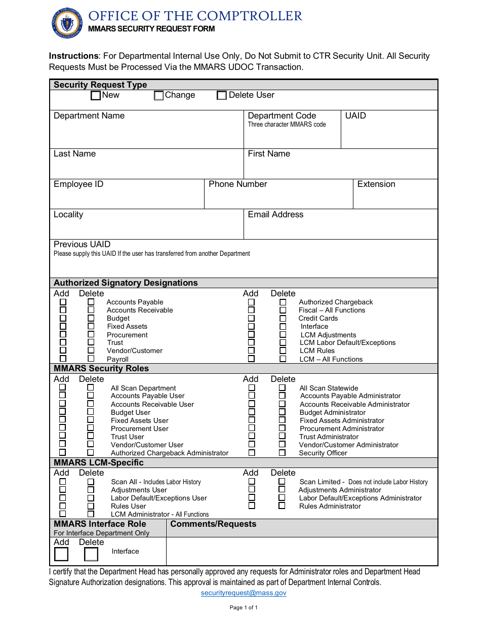 Mmars Security Request Form - Massachusetts, Page 1