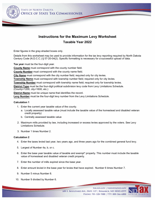 Instructions for Maximum Levy Worksheet - North Dakota, 2022